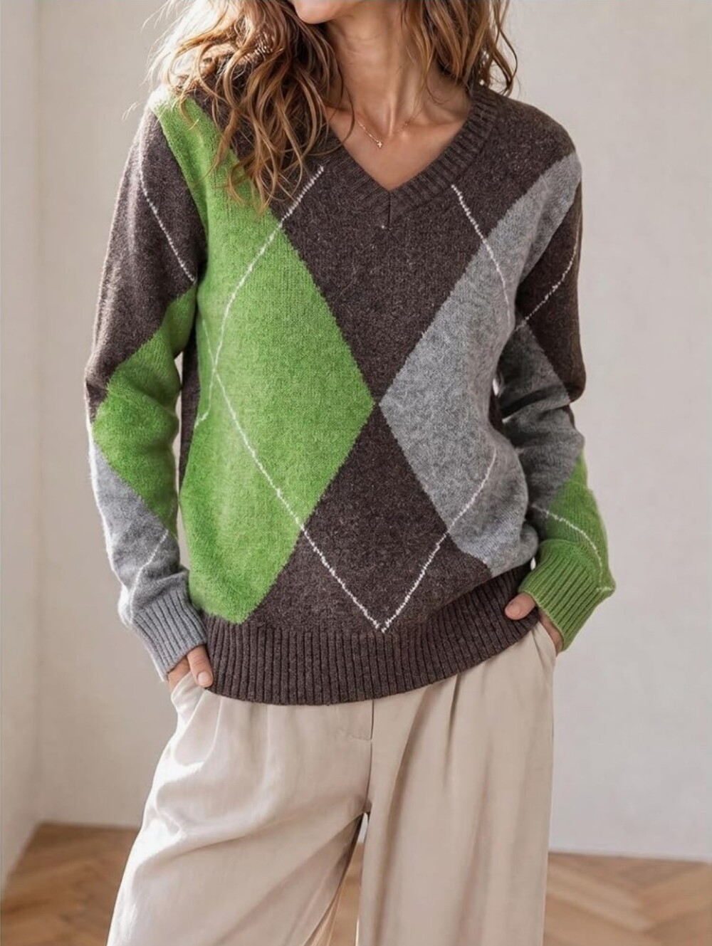V-Neck Argyle Sweaters Long Sleeve Knit Casual Pullover Plaid Knitted Sweater